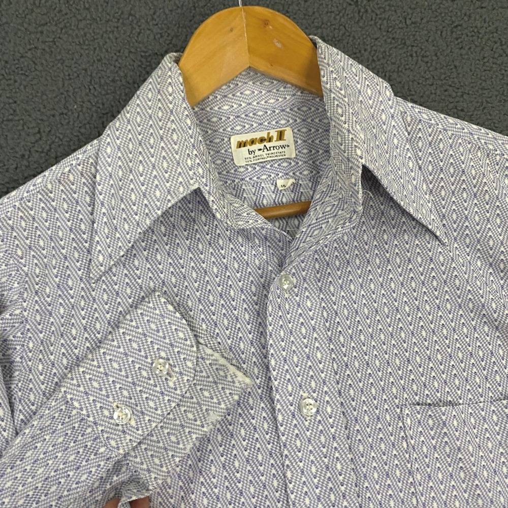 Arrow Mach II Shirt Mens 15-33 Purple Geometric Dagger Collar Vintage 70s Disco